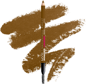 Ukośnie ułożona brązowa kredka NYX Powder Louder Blonde ze szczoteczką, obok pudrowych kresek.