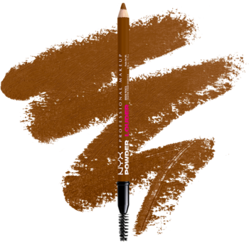 Kredka do brwi NYX Powder Louder Auburn ze szczoteczką, na tle brązowych pociągnięć koloru, widok z góry.