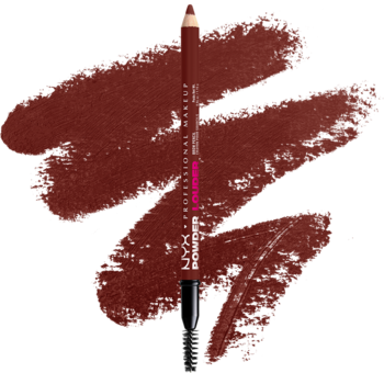 Miękka kredka NYX Powder Louder Black Cherry, czerwonobrązowa, ze smugami i końcówką ze szczoteczką.