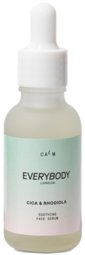 Łagodzące serum do twarzy Calm Everybody Cica & Rhodiola w matowej butelce z pipetą, widok z przodu.