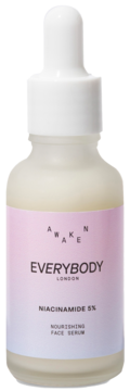 Awaken Everybody London Niacinamide 5% Nourishing Face Serum, clear bottle with dropper, pink label.