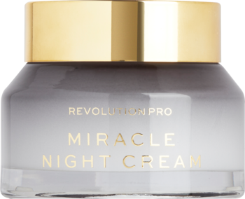 Słoik Revolution Pro Miracle Night Cream, szary z złotą nakrętką, widok z przodu. Nawilża i ujędrnia skórę.