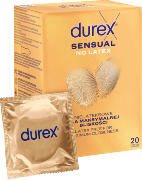 Złote pudełko Durex Sensual NO LATEX (20 szt.) i zapakowana prezerwatywa nielateksowa na pierwszym planie.