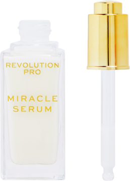 Revolution Pro Miracle Serum, nawilżające serum w szklanej butelce z złotym napisem, z boku złota pipeta.