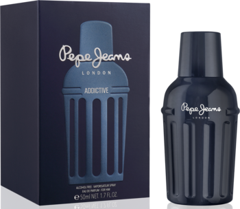 Pepe Jeans Addictive for Him w ciemnoniebieskim pudełku i butelce przypominającej shaker, widok z przodu.
