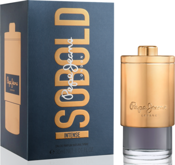 Pepe Jeans So Bold Intense: zbliżenie złotej butelki perfum i granatowego pudełka z napisem So Bold Intense.