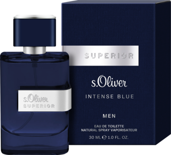S.Oliver Superior Intense Blue woda toaletowa dla mężczyzn: ciemnoniebieska butelka i pudełko ze srebrnym napisem, widok z przodu.
