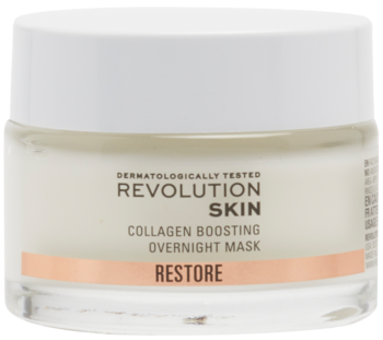 Przezroczysty słoik Revolution Skin Collagen Boosting Overnight Mask, biała zakrętka, napis RESTORE, widok z przodu.