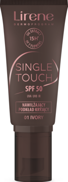 Brunatna tubka nawilżającego podkładu Lirene Single Touch SPF 50, odcień 01 Ivory, widok z przodu.