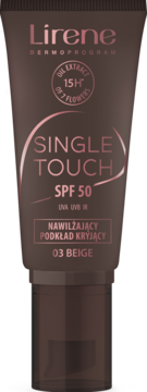 Beżowy podkład Lirene Single Touch SPF 50 w tubce, widok z przodu, z napisem 03 BEIGE.