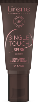 Brązowa tubka Lirene Single Touch SPF 50 04 Sand. Nawilżający podkład z ekstraktem z 7 kwiatów.