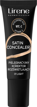 Czarna tubka Lirene Satin Concealer 01 Light z kwasem hialuronowym, witaminą C i E, widok z przodu.