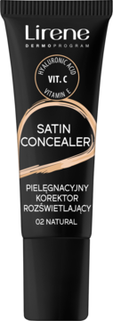 Czarny, płynny korektor Lirene Satin Concealer 02 Natural z kwasem hialuronowym i witaminami, widok z przodu.