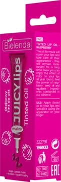 Bielenda Juicy Lips Tinted Oil Raspberry tint do ust w różowym opakowaniu z tubką i owocami malin.