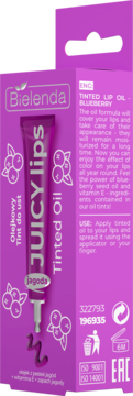 Bielenda Juicy Lips Tinted Oil, jagodowy. Fioletowe opakowanie z tubką i aplikatorem widocznym z przodu.