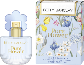 Betty Barclay Pure Flower EDT: butelka z niebieską kwiatową nakrętką i pudełko z wzorem kwiatowym, widok z przodu.