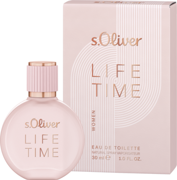 Różowa woda toaletowa s.Oliver LIFE TIME 30ml w zaokrąglonej butelce z karbowaną nakrętką i pudełkiem.