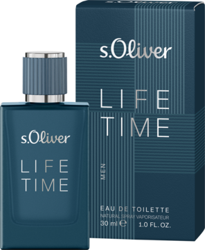 s.Oliver Life Time, męska woda toaletowa, ciemnoniebieska butelka i pasujące pudełko na białym tle, widok z przodu.