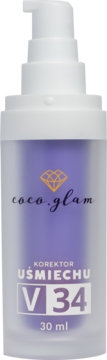 Korektor do zębów Coco Glam V34 w fioletowej butelce z białą pompką, widok z przodu, widoczny napis 30 ml.
