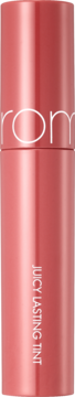Rom&nd Juicy Lasting Tint Pink Pumpkin, podłużny błyszczyk w koralowo-różowej, błyszczącej tubce.