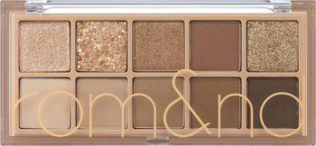 Paleta cieni rom&nd Better Than Palette 02 Mahogany Garden, 10 odcieni beżu, złota i brązu, widok z góry.