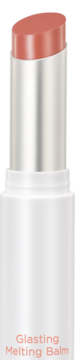 Rom&nd Glasting Melting Balm Sorbet Balm, brzoskwiniowy sztyft wysunięty z białej, cylindrycznej obudowy.