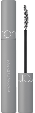 Wydłużający tusz Rom&nd Han All Fix L01 Long Black. Szare opakowanie i otwarta szczoteczka obok tubki.