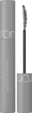 Szary tusz Rom&nd Han All Fix L01 Long Black, tuba z otwartą szczoteczką na czarnym tle.