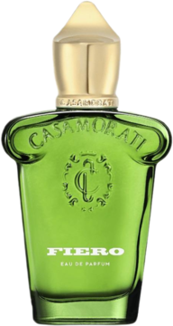 Zielona butelka perfum Xerjoff Casamorati Fiero z widocznym napisem 'Fiero' i złotym korkiem, ujęcie z przodu.