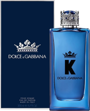 Dolce & Gabbana K Eau de Parfum, granatowy flakon z koroną i pasujące opakowanie, widok z przodu.