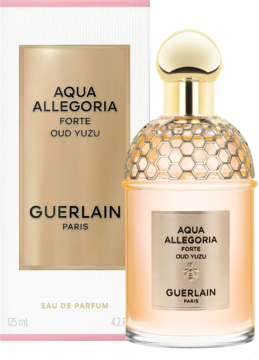 Woda perfumowana Guerlain Aqua Allegoria Forte Oud Yuzu 125ml, złota butelka z korkiem w plastry miodu, widok z przodu.