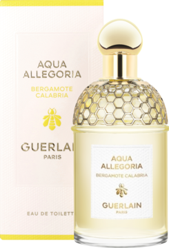 Guerlain Aqua Allegoria Bergamote Calabria woda toaletowa, żółta butelka z pszczelim motywem i pudełko na jasnym tle.