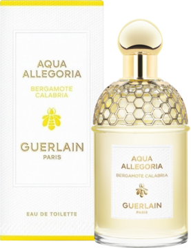 Guerlain Aqua Allegoria Bergamote Calabria woda toaletowa, butelka z pszczelą koroną obok białego pudełka na żółtym tle.