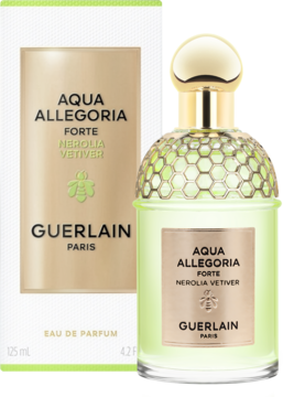 Guerlain Aqua Allegoria Forte Nerolia Vetiver EDP, zielonkawa butelka z motywem plastra miodu i pudełko obok.