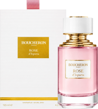 Boucheron Rose d'Isparta, różowe perfumy w szklanej butelce i białym pudełku z złotymi akcentami.