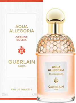 Cytrusowa EDT Guerlain Aqua Allegoria Orange Soleia 125ml, butelka obok białego pudełka z pszczółką.