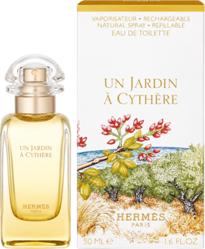Hermès Un Jardin à Cythère woda toaletowa 50ml, złoty flakon i pudełko z greckim pejzażem, nuty cytrusowe.