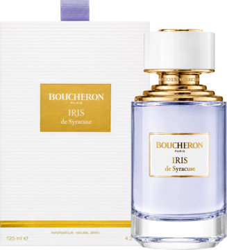 Boucheron Iris de Syracuse woda perfumowana z lawendowym płynem, biało-złotą nakrętką, obok białego pudełka ze złotą etykietą.