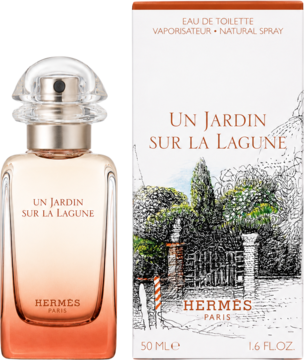 Woda toaletowa Hermes Un Jardin Sur La Lagune, butelka gradientowa i białe pudełko z grafiką ogrodu.