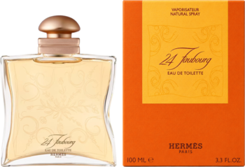 24 Faubourg Eau de Toilette: złota butelka Hermès i pomarańczowe pudełko. Jasny, promienny zapach lata, widok z przodu.