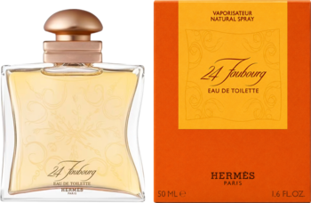 Hermès 24 Faubourg woda toaletowa dla kobiet, szklana butelka obok pomarańczowego pudełka z logo.