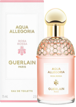 Różowa woda toaletowa Guerlain Aqua Allegoria Rosa Rossa 75ml w butelce i białym pudełku na różowym tle.