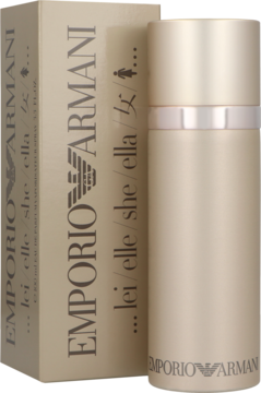 Emporio Armani Lei/Elle/Femme, złoty flakon perfum obok beżowego pudełka z logo. Orientalny, elegancki zapach.