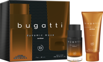 Zestaw męski Bugatti Dynamic Move Amber: bursztynowa woda toaletowa i żel pod prysznic, obok czarnego pudełka.