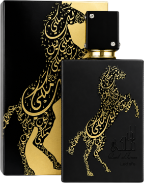 Lattafa Lail Maleki EDP, czarna butelka i pudełko ze złotym arabskim koniem, ujęcie z przodu pod kątem.
