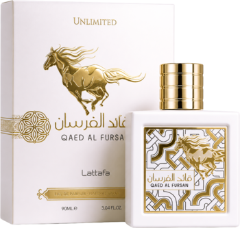 Woda perfumowana Lattafa Qaed Al Fursan Unlimited: białe pudełko i flakon ze złotym arabskim wzorem i koniem.