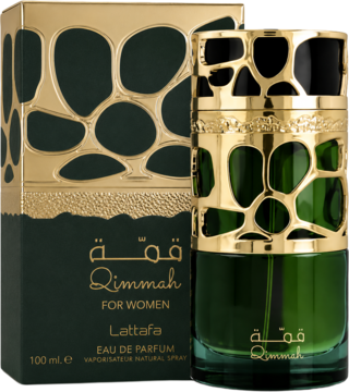 Lattafa Qimmah for Women EDP, zielony flakon ze złotym ażurowym wzorem, obok pasujące zielone pudełko.