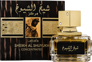 Perfumy Sheikh Al Shuyukh Concentrated EDP w złoto-czarnej butelce z widocznym opakowaniem w tygrysie wzory.
