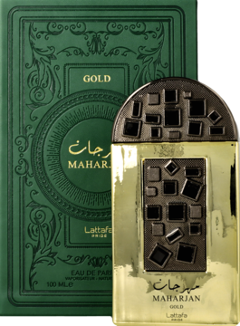 Lattafa Maharajan Gold woda perfumowana: złota butelka z czarnym wzorem, obok zielone pudełko 100 ml.
