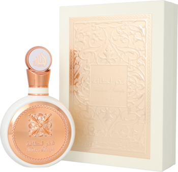 Lattafa Fakhar perfumy damskie, biała butelka z różowo-złotymi akcentami i kremowe pudełko z wzorem, widok z przodu.